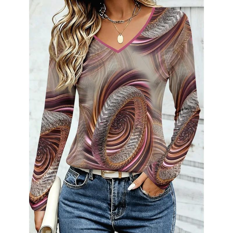 Women's Autumn 3D Printed V-Neck Long Sleeve T-Shirt