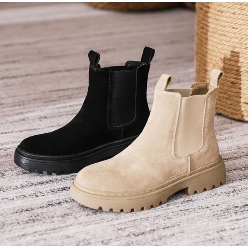 Women Genuine Leather Short Boots Round Toe Cow Suede Leather Handmade Retro Street Style Winter Warm Flats Ankle Boots