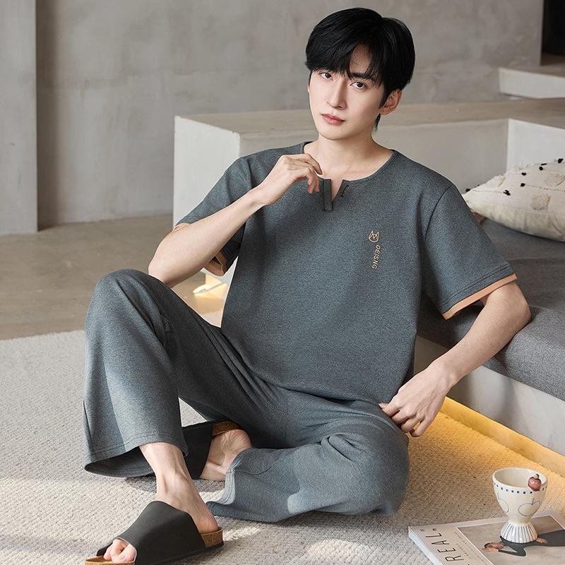 100% cotton round neck short sleeves trousers pajamas men's summer high sense Internet celebrity casual men's loungewear suit