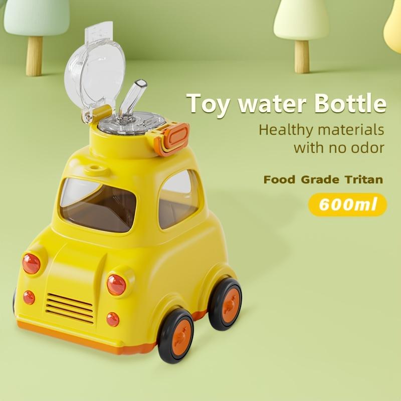 600ml Car Shaped Water Bottle with Straw Carry Handle BPA Free Tritan Material, Locking Lid, Spill Proof Design Cute Yellow Vehicle for Kids, Toddlers