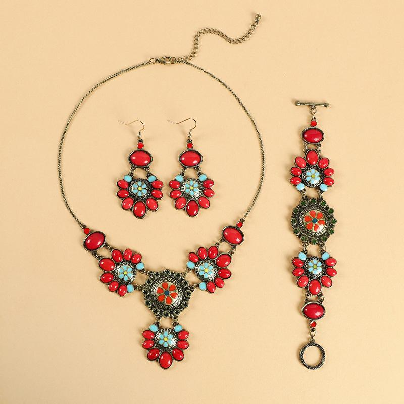 

Нишевый дизайн красное цветочное ожерелье ретро придворный темперамент браслет богемный набор серег женский