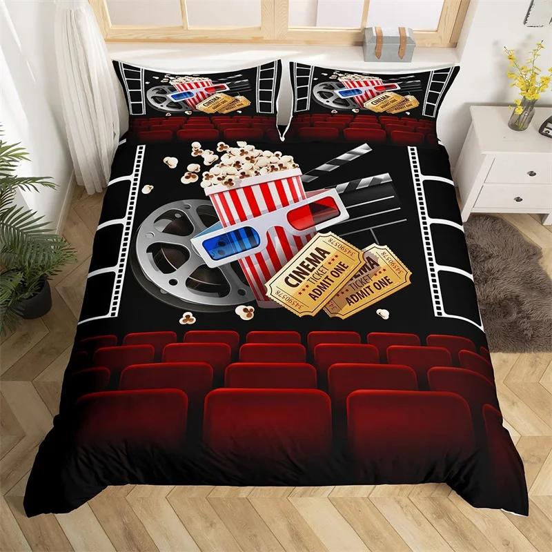 Movie Time Duvet Cover Set Cartoon Popcorn Bedding Set Microfiber Film Pattern Comforter Cover Home Theater Decor Queen Bed Set