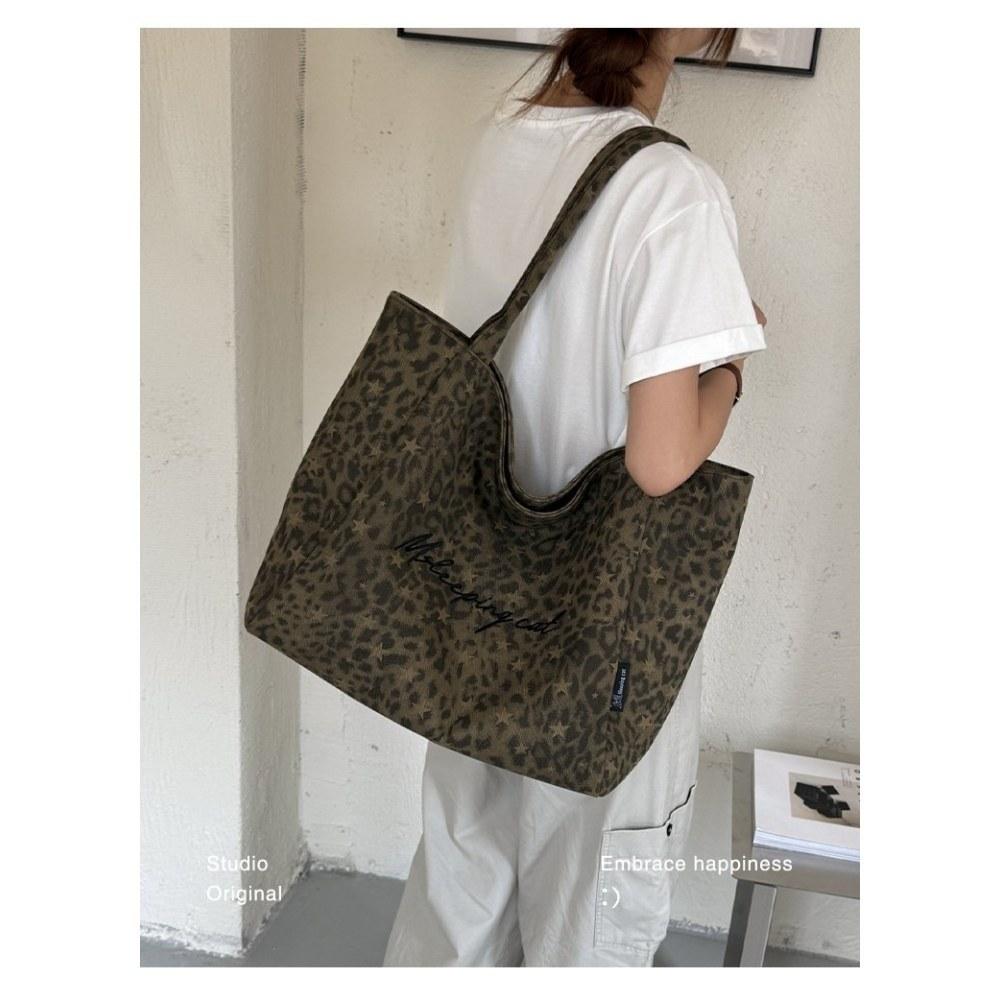 Women Leopard Print Large Capacity Canvas Tote Bag for Daily Casual Use