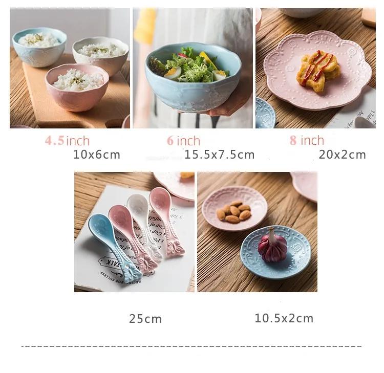 18 pcs Kit relief ceramic bowl set / plate and bowl set / home dining set / European-style bowl and plate set