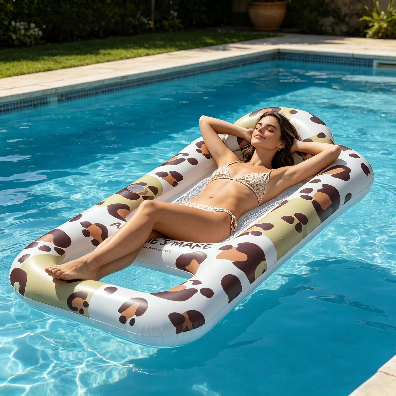 1PC Leopard Print Inflatable Pool Float Adult Lounger with Pillow Cup Holder Mesh Seat, Summer Water Hammock Raft Bed белый
