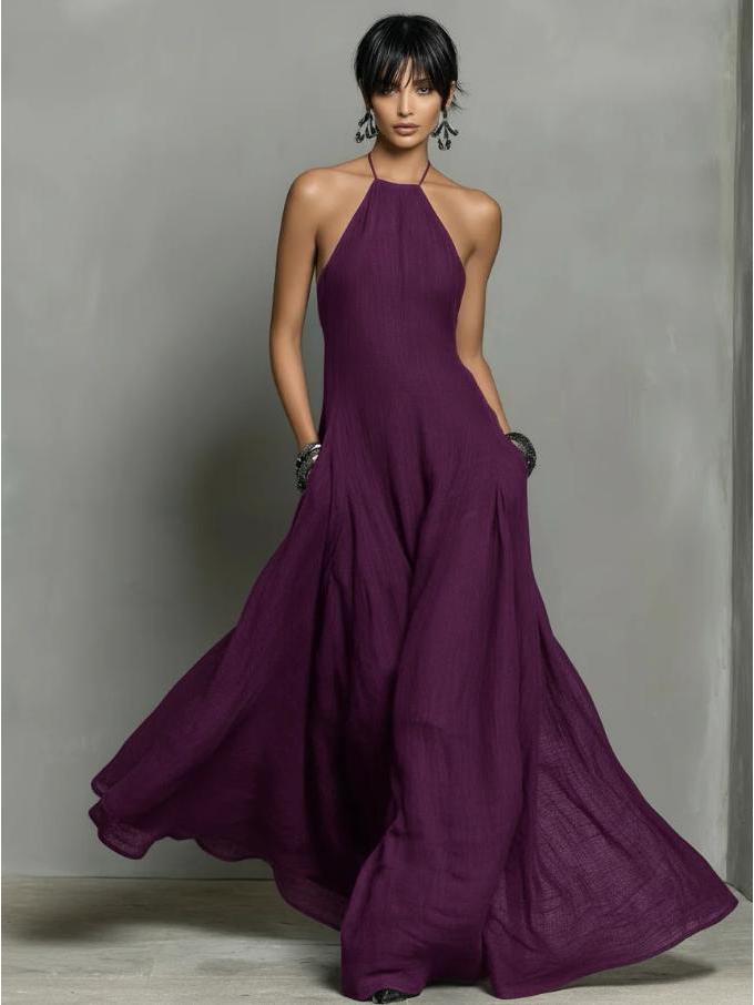 

European and American Summer Sleeveless Halter Dress with Pockets – Elegant Slim Fit, Solid Color Small фіолетовий