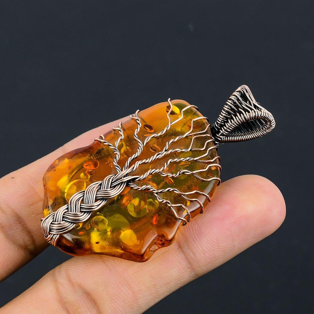 Baltic Amber Pendant, 999 Copper Wire Wrapped Gemstone Jewelry, Handmade Pendant For Mother Day