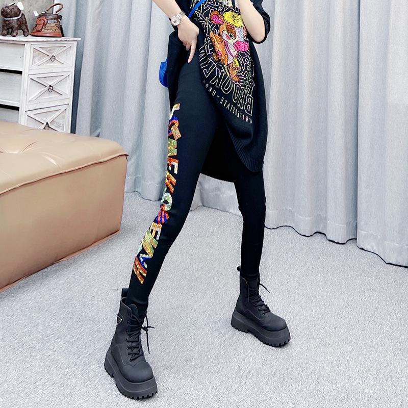2025 Rhinestone Letter Elastic Cropped Pants - Trendy Spring/Autumn Women's Leggings