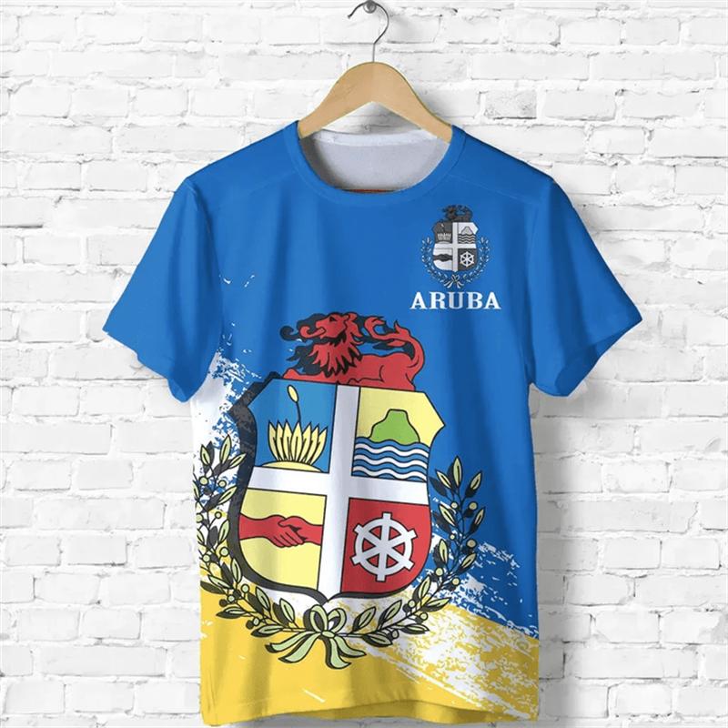 Aruba National Emblem Flag 3d Print T-Shirt New Fashion Netherlands Crew Neck Short Sleeve Tshirts For Men Clothing Streetwear