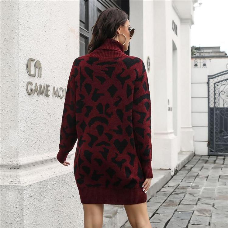 Women Casual Leopard Print Knit Sweater Dress Spring Fall Loose Waist Straight Collar Full Sleeve Above Knee Mini S-L