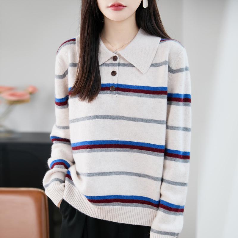 Korean Striped Knit Polo Sweater - Women's Autumn/Winter, Thick & Warm, Age-Reducing, Versatile Top
