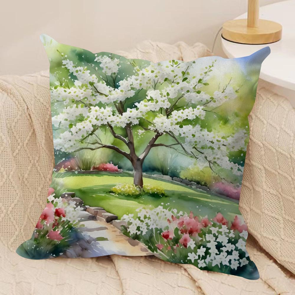 Cherry Tree In Spring Cushion Cover Soft Plush Fabric Double-Sided Printed Sofa Cushion Cover For All Seasons Home Decor Gift