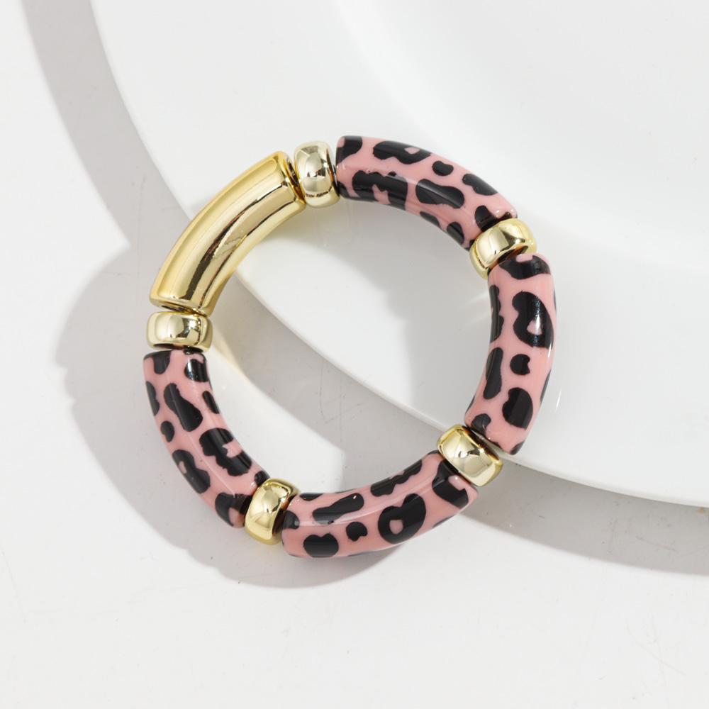 Leopard Colorful Bamboo Curved Tube Bracelets for Women Men Punk Resin Thick Beaded Elastic Stackable Bangles Retro Jewelry Gift