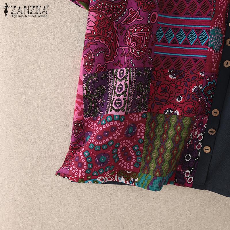 ZANZEA Women Ethnic Print Patchwork Summer Short Sleeve Cotton Tee Shirt Tops
