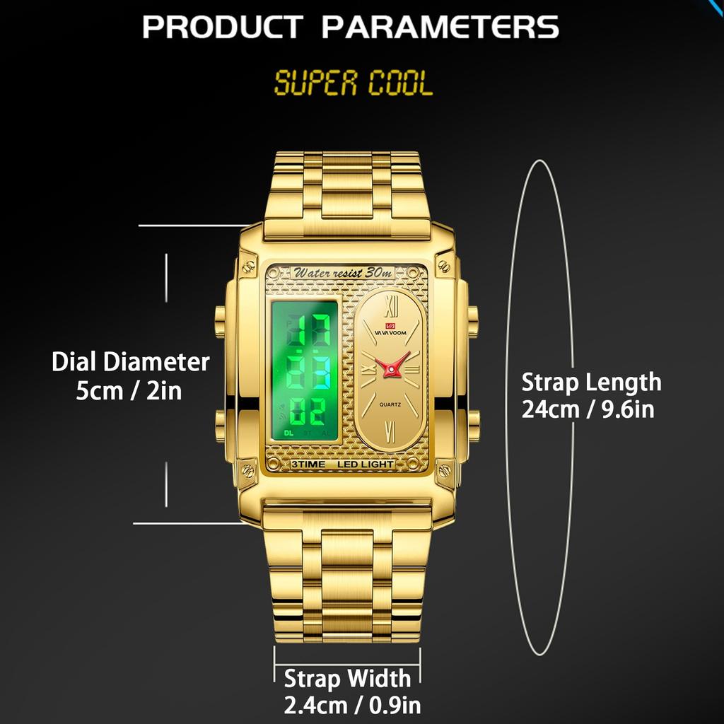 VA VA VOOM Men Watch Men’s Digital Watches with Dual-movement Display, Electronic Display + Analog Display,Stainless Steel Luminous Alarm Wristwatch