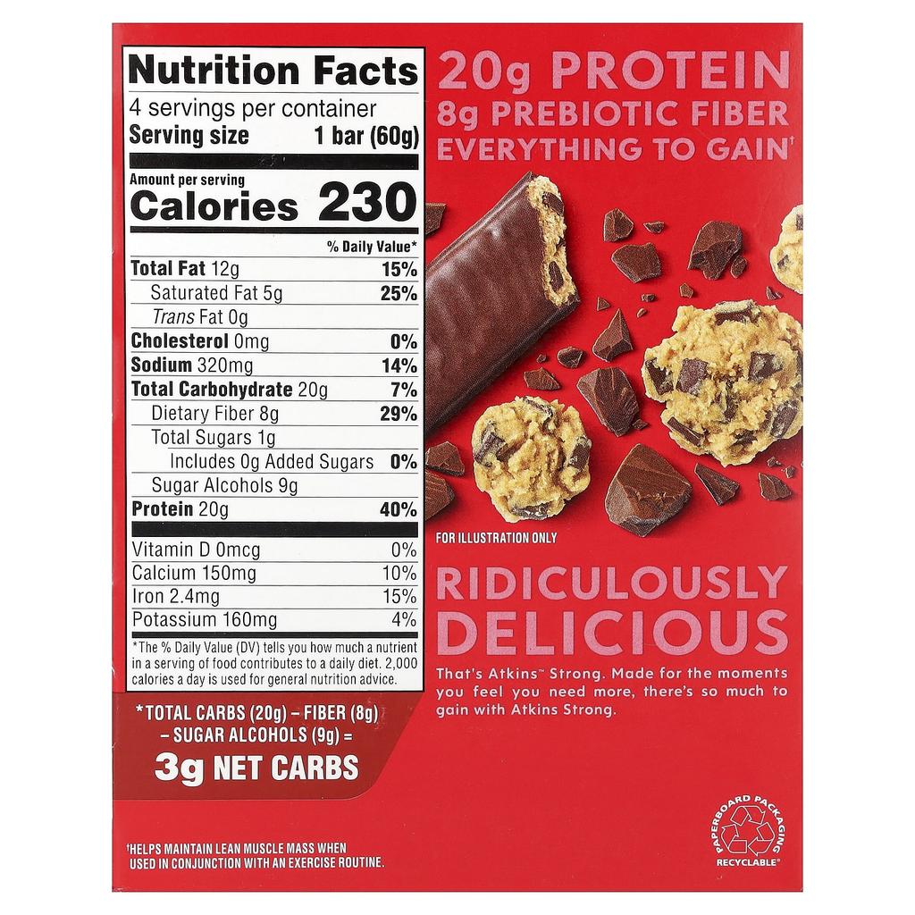 High Quality, High Protein Bar, Chocolate Chip Cookie Dough, 4 Bars, 60G (2.12Oz) Each