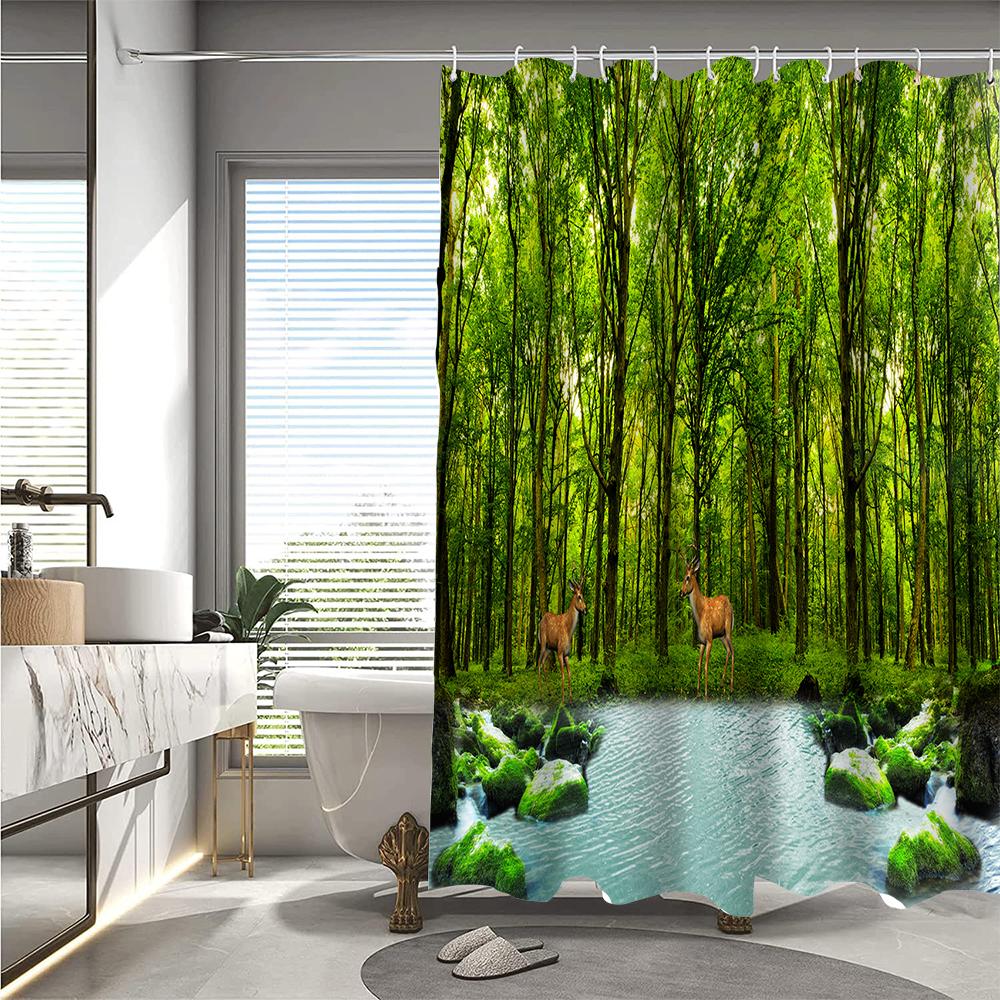 1/4 Forest Creek Shower Curtains, Toilet Seat Decoration, Shower Curtain With Carpet And Toilet Lid, 12 70.8X70.8 Inch Hooks