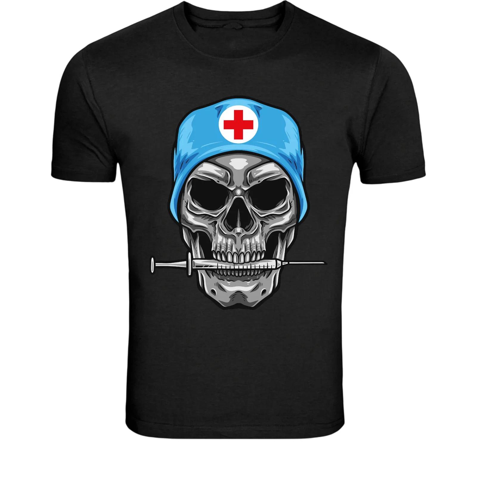 Nurse Skull Syringe T-Shirt - Dark Medical Skull Graphic Tee XL