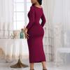 Women's Solid Color Casual Pleated Slim Fitting Long Sleeved Women's Wrap Buttocks Dress
