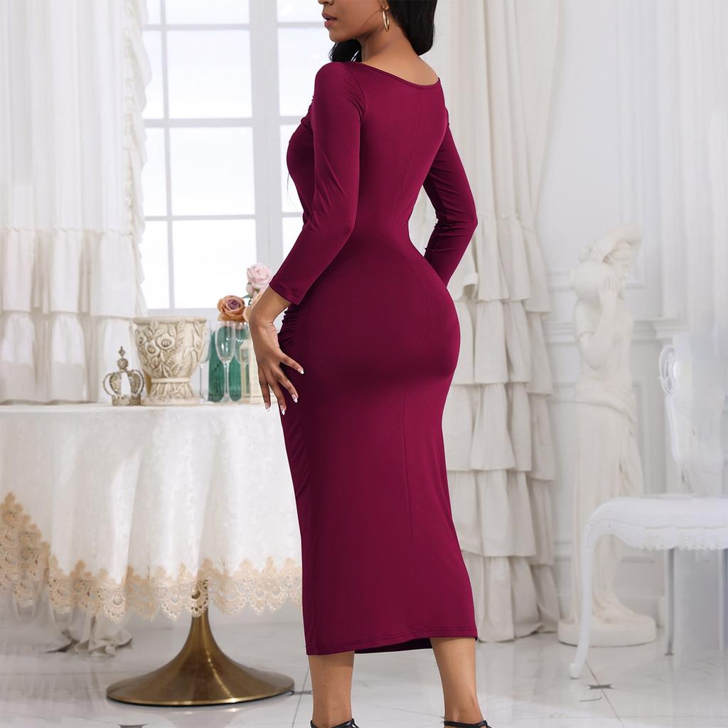 Women's Solid Color Casual Pleated Slim Fitting Long Sleeved Women's Wrap Buttocks Dress