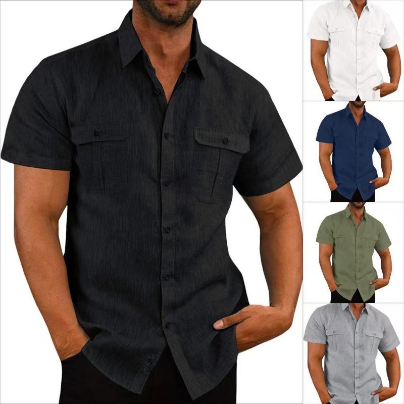 Men Linen Blend Short Sleeve Button Down Shirt Casual Summer Beach Top With Dual Chest Pockets