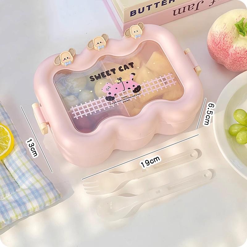 Kawaii Lunch Box With Spoon And Fork For Work School Cute Plastic Picnic Bento Box With Compartment Microwave Food Containers