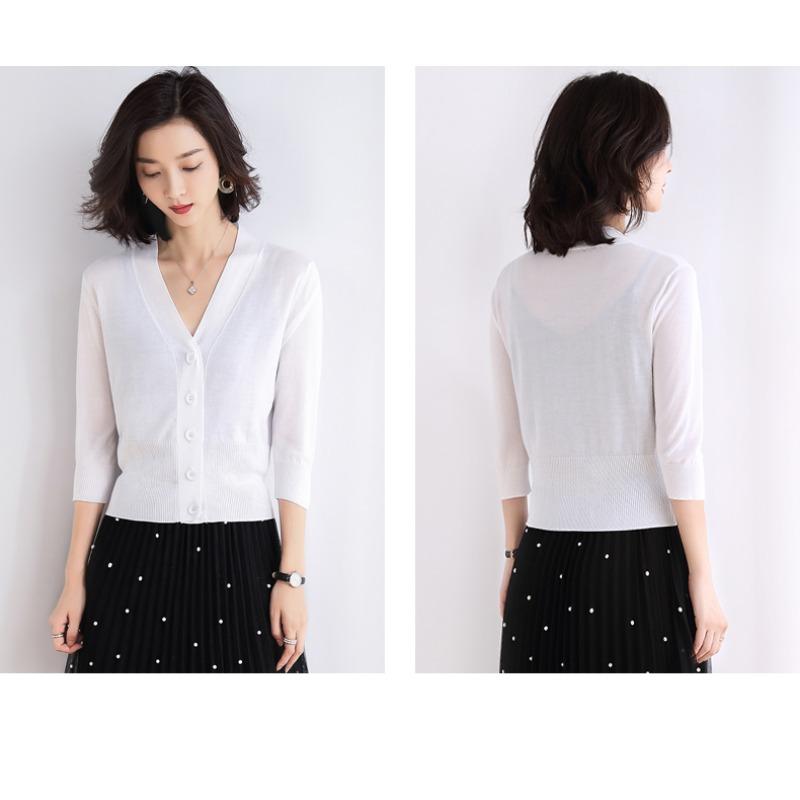 Summer V-neck Ice Silk Knitted Cardigan Shirt Women's Thin Outer Short Coat Long Sleeve Casual Simple Jackets Ladies Solid Color Clothes 3091