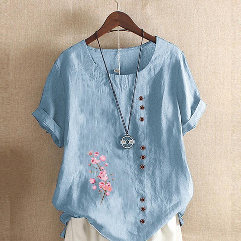 Women's FashionPink Flowers Prined Round Neck Short Sleeve T-shirt Casual Cotton Linen Graphic Shirt Leisure Loose Summer Blouse Tops Plus Size