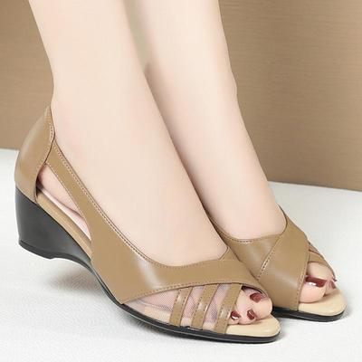 Fish Mouth Sandals Women Soft Leather Soft Sole Shoes Hollow Wedge Heels Summer Women's Shoes