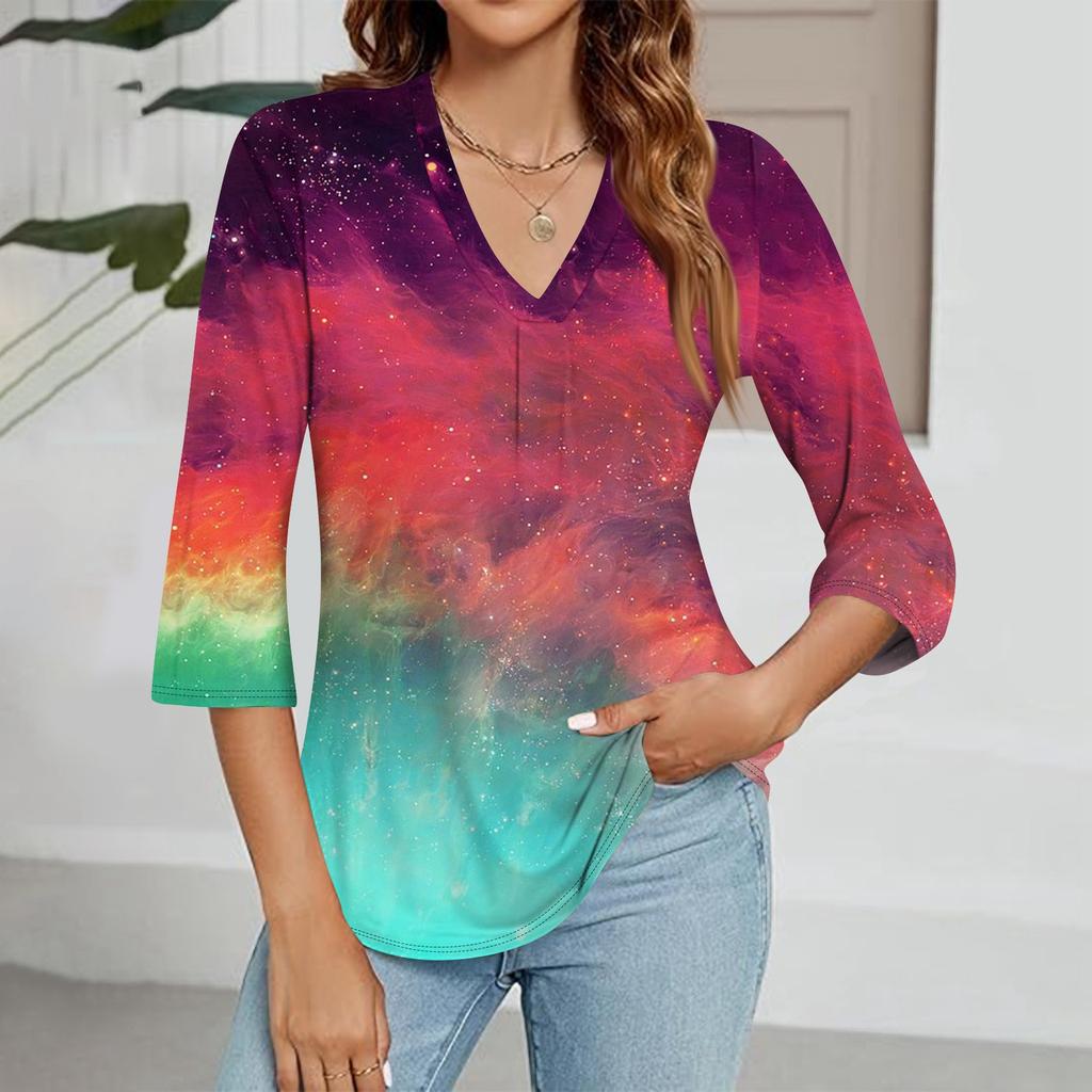 Women's V-neck Gradient Print Three-quarter Sleeve Fashion Top