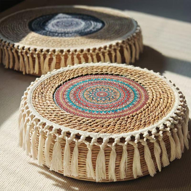 Straw Tassel Mat Round Single Layer Thin Mat Bohemia Style Futon Meditation Worship Carpet Home Decoration Room Door Mat