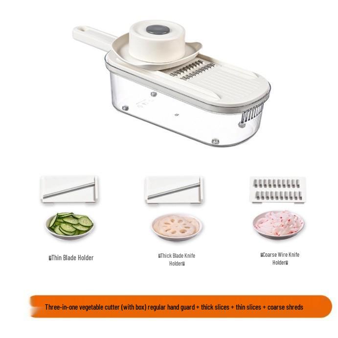 Multifunktioneller Küchenschneider: Gemüse- & Kartoffelschneider mit Julienne-Reibe und Handschutz.
