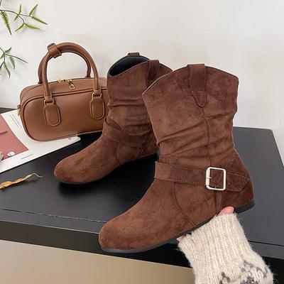New Design Female Ankle Boots Flock Round Toe Wedges Slip On Pleated Leisure Daily Booties Women Flat Booties Botas Mujer
