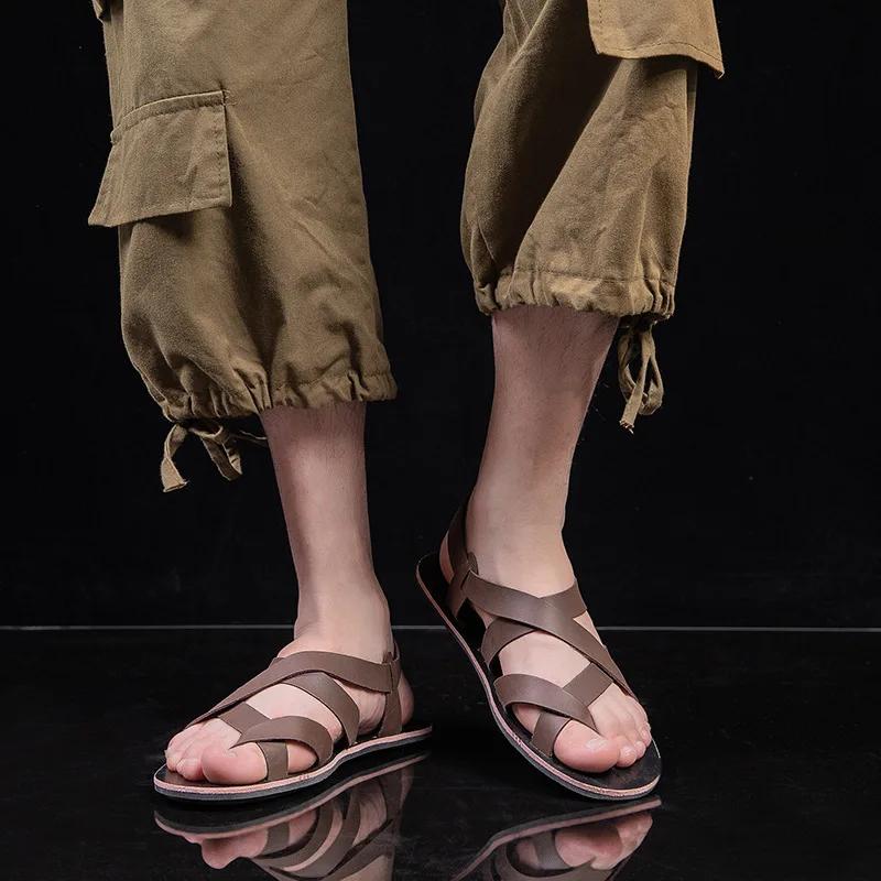Fashion Summer Men Fashion Rome Genuine Leather Sandals Belt Design Open Toe Sandals Man Simple Casual Flat Shoes Breathable Sandalias