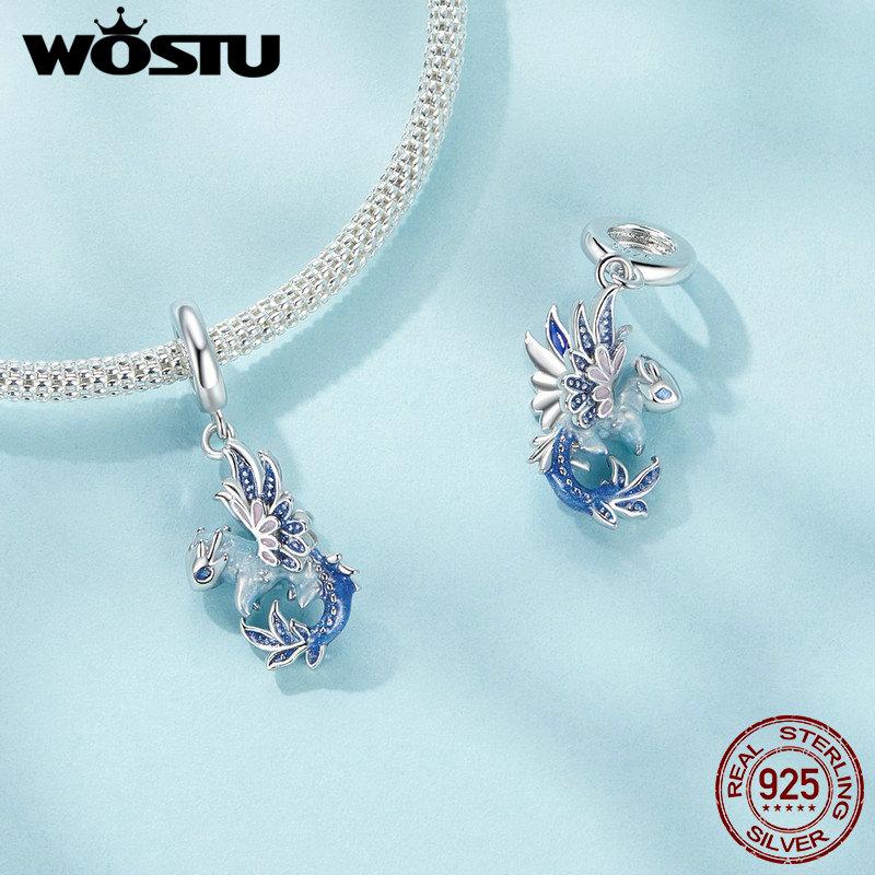 WOSTU 925 Sterling Silver Colorful Enamel Flying Dragon Charms Pendant Fit Original Bracelet Necklace Special Birthday DIY Gift