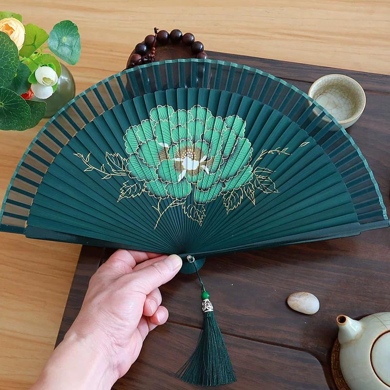 Peony Fan Chinese Ancient Style Summer Portable Semi-Transparent Short Surface Spray Painting Japanese Folding Fan Special Dance Fan Gift