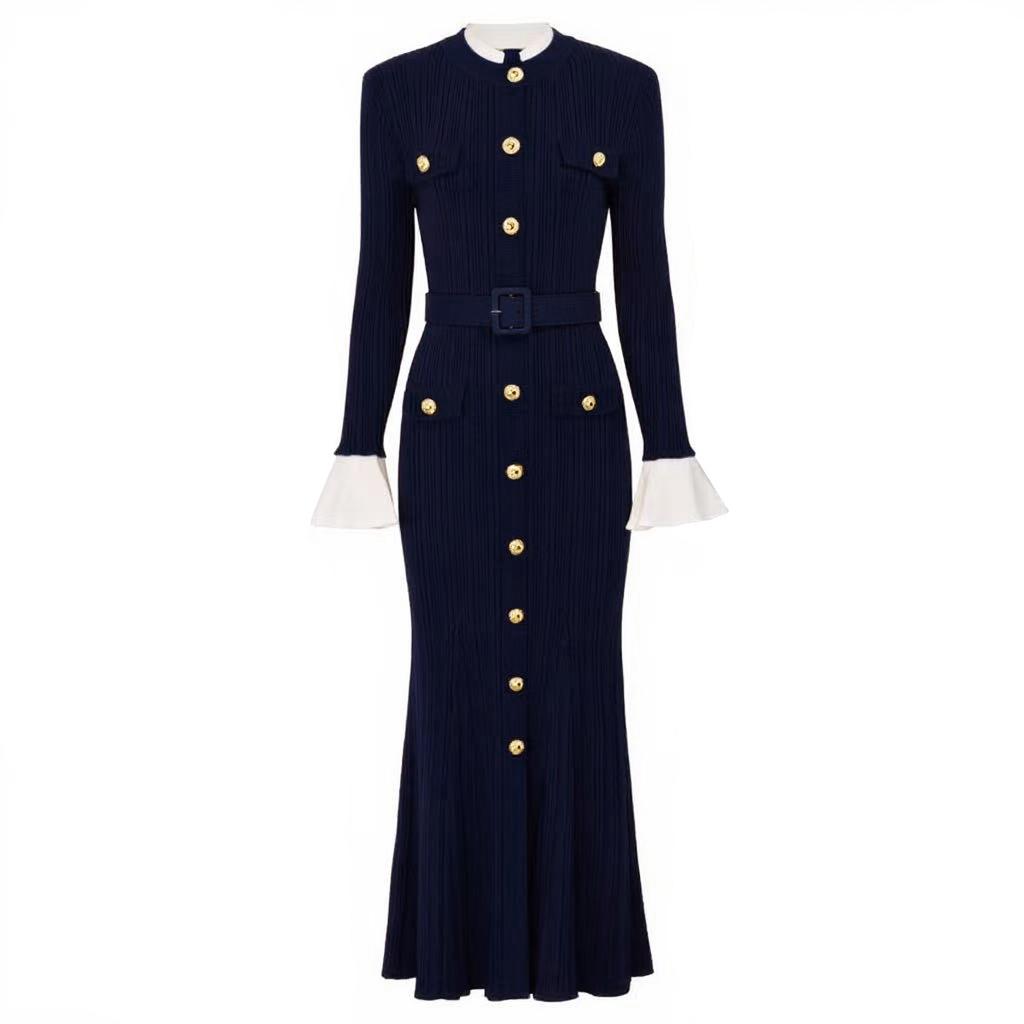 Quality Spot Spring and Autumn New Long Sleeve Crew Neck Belt Knitted Versatile Slim Skinny Long Dress 25144