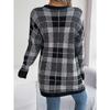 Women Casual Color Block Plaid Pocket Long Sleeve Open Cardigan Sweater Coat