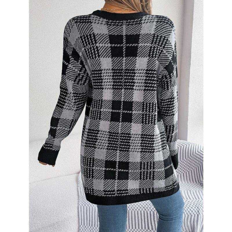 Women Casual Color Block Plaid Pocket Long Sleeve Open Cardigan Sweater Coat