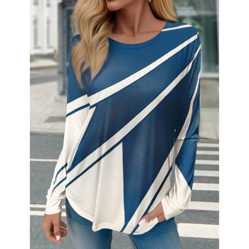 Fashion women's T-shirt 3D color blocked pattern long sleeved shirt