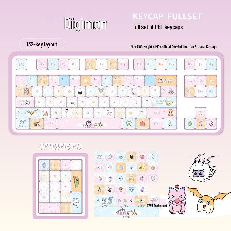 Digimon PBT Dye-Sublimation Keycaps: Cute Cartoon Design for 75/87/98/108 Keyboard Layouts (MOA Original Height).