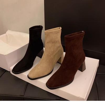 Comfortable Square Head Thick Heel Short Boots Women's 2025 Autumn and Winter After the Explosion Zipper Casual Thin Boots