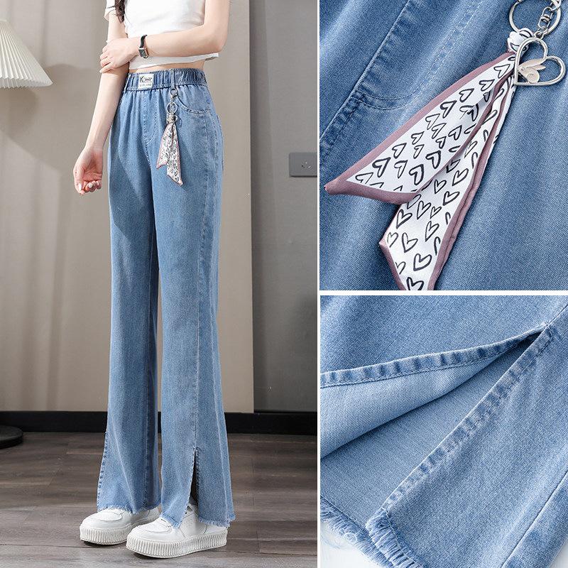 

Women s Tencel Ice Silk Flare Jeans - Loose, Soft, Elastic Waist, Summer Pants L for 53-57.5kg