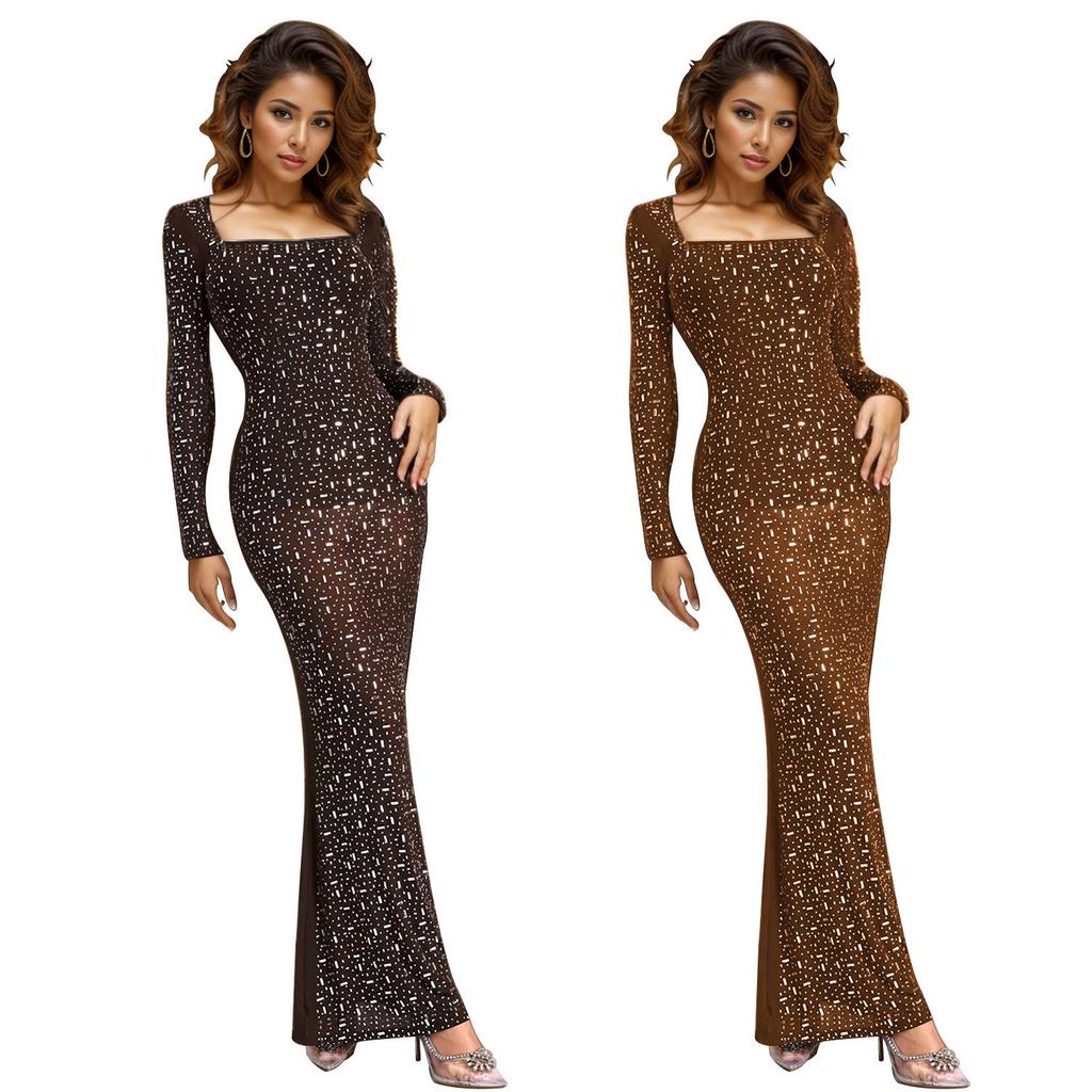 European & American Rhinestone Long Sleeve One-Shoulder Women's Dress