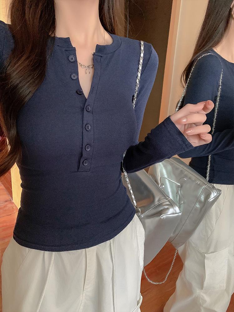 T-shirt à manches longues boutonné style américain pour femme Automne 2025 Amincissant avec col semi-ouvert