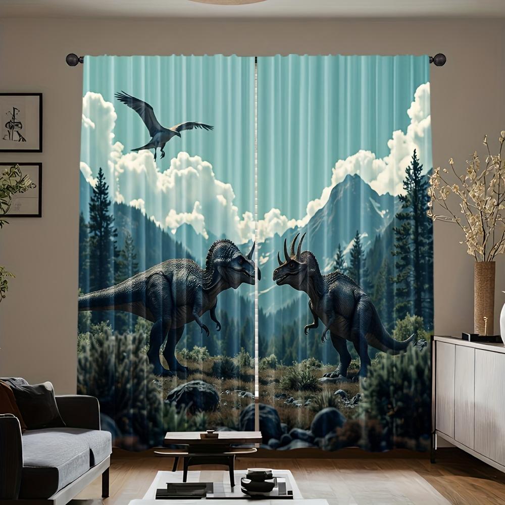 2pcs Dinosaur Silhouette Blackout Curtains - Thermal Insulating Room Darkening Window Drapes with Dinosaur Print