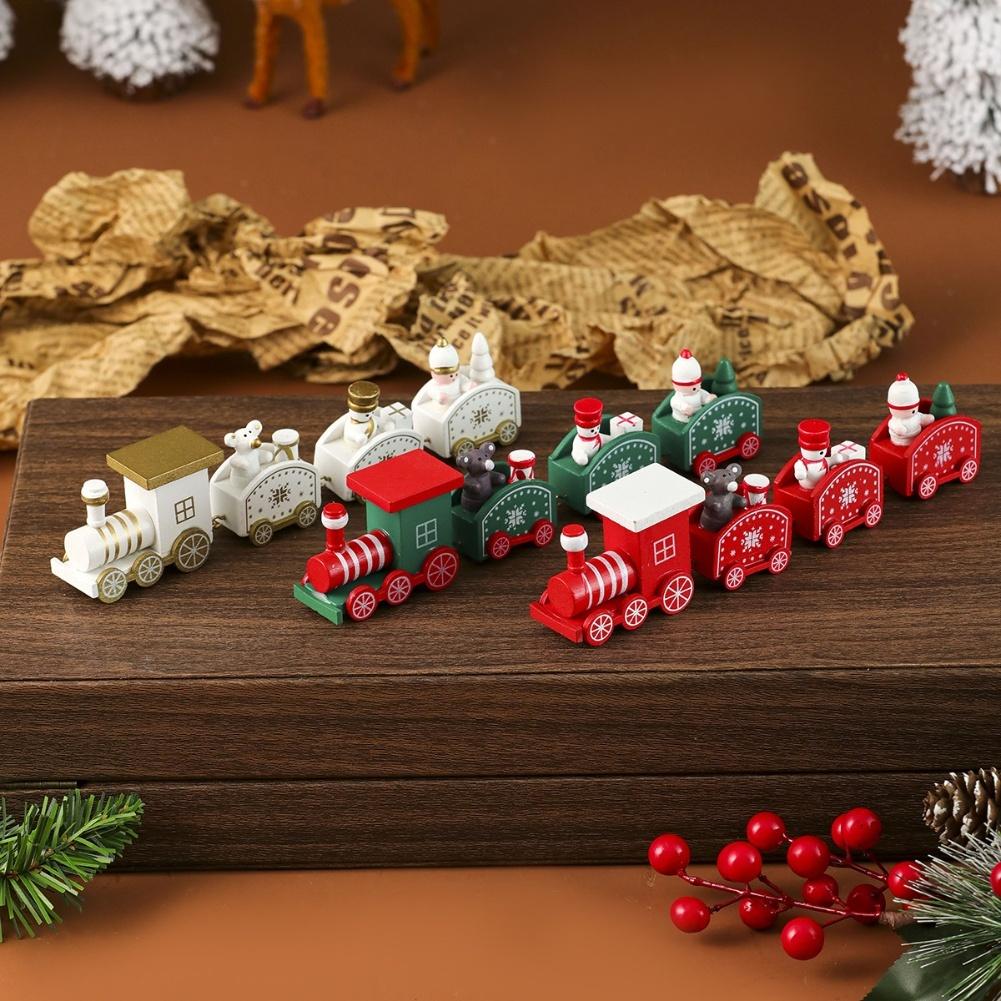 3Pcs Miniature Wooden Train Christmas Decorations for Holiday Tree and Tabletop Festive Ornaments Seasonal Party and Home Decor