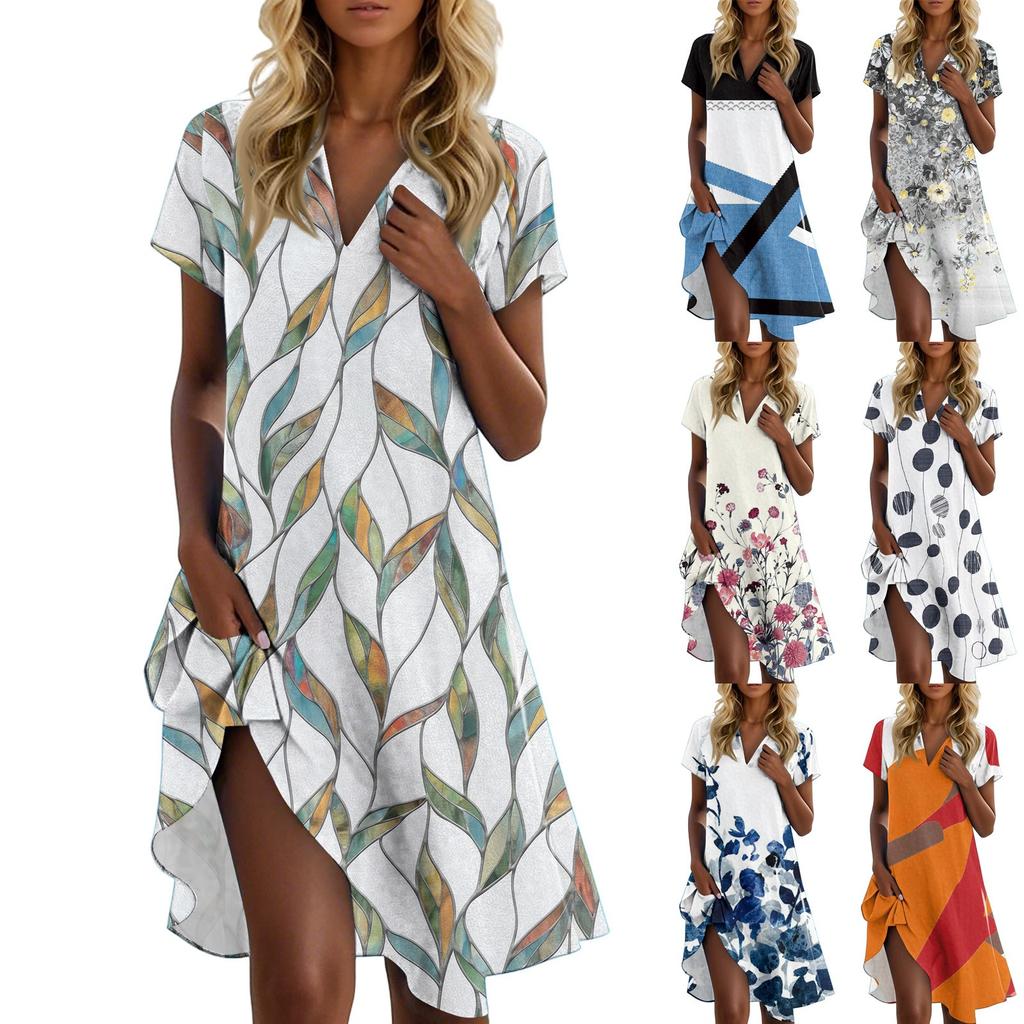 Women's Summer Casual Floral Printed Stand Collar Short Sleeve Dresses