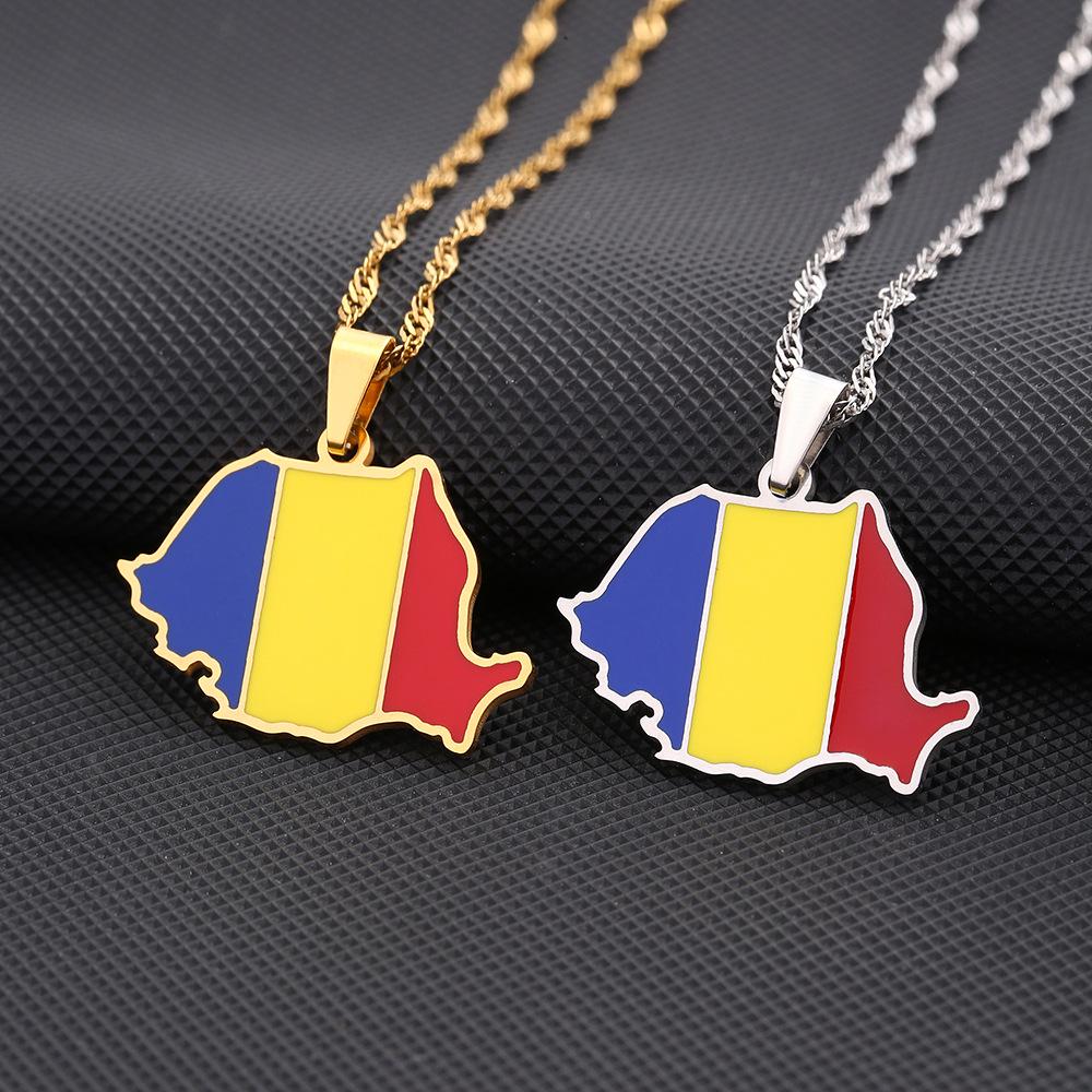 Romanian Stainless Steel Map Necklace – Ethnic Geometric Pendant Clavicle Chain for Women