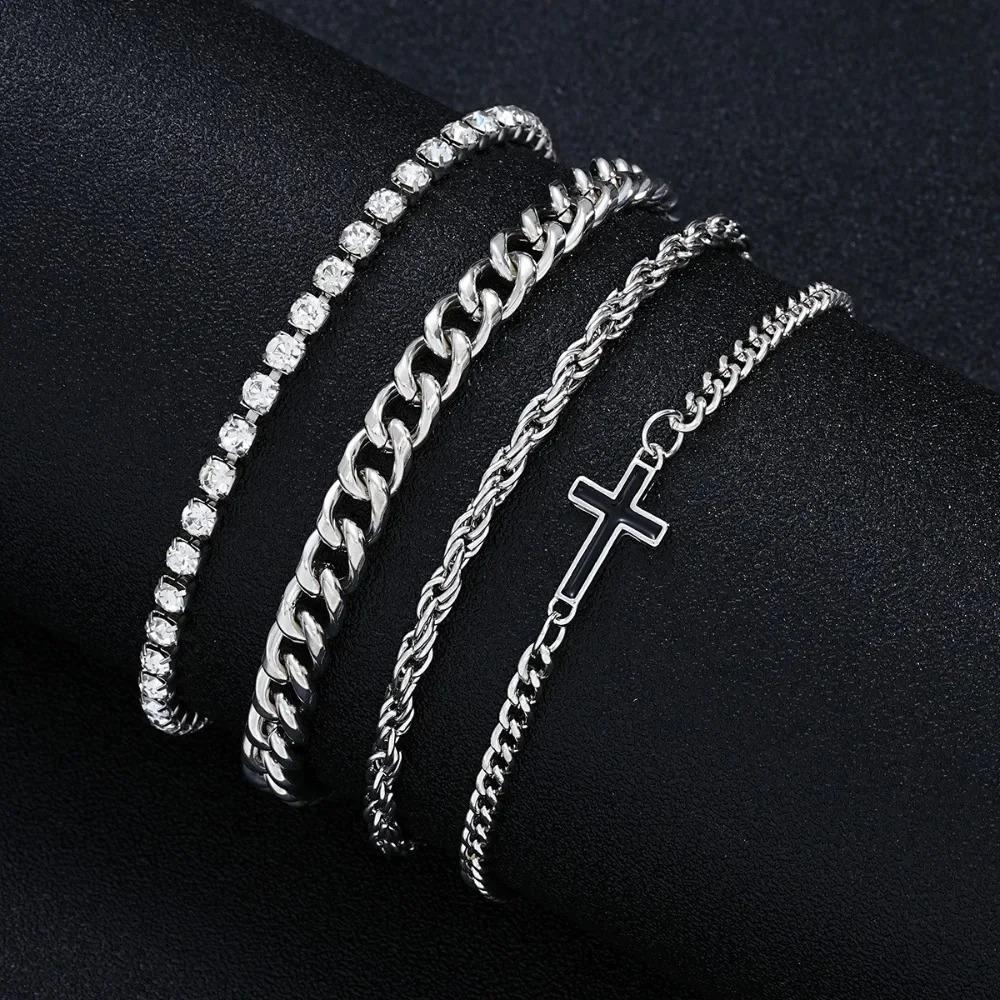Men Double Layer Silvery Bracelet Cross Zircon Charm Punk Style Adjustable Fashion Jewelry